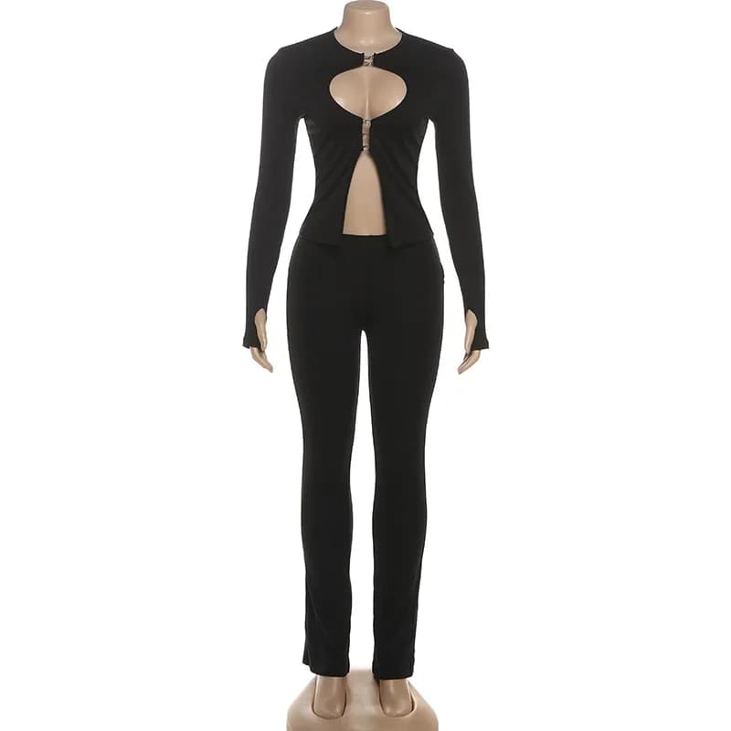 Two Piece Set Women Outfit 2026 New Spring Solid Color Round Neck Long Sleeve Hollow Out Top & High Waist Slim Fit Pants Set