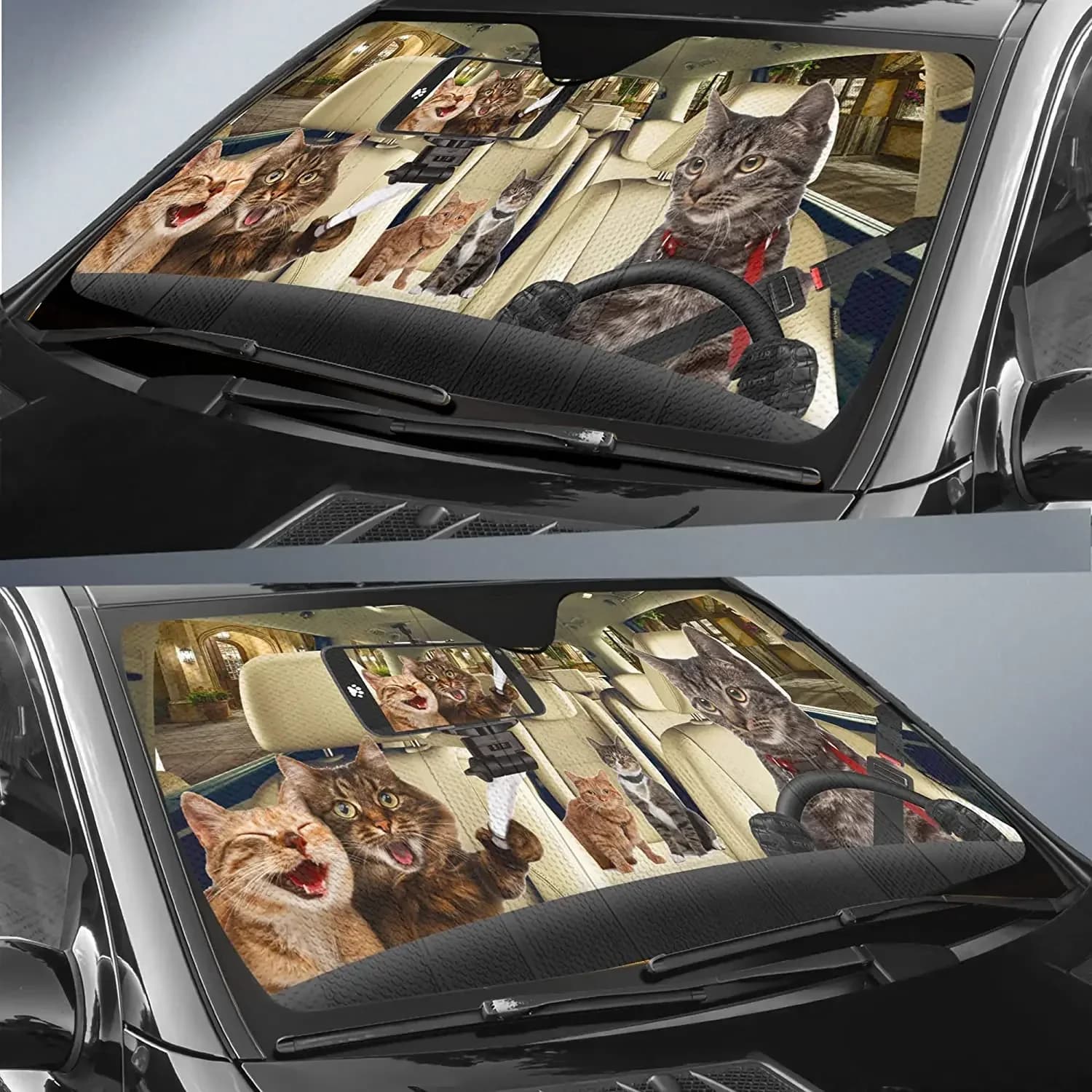 Selfie Cat Coppia Parasole Tabby Cat Driver Parabrezza Parasole per Auto, Divertente Incredibile Pet Cat Auto Finestra Anteriore Ombra Visiera Co