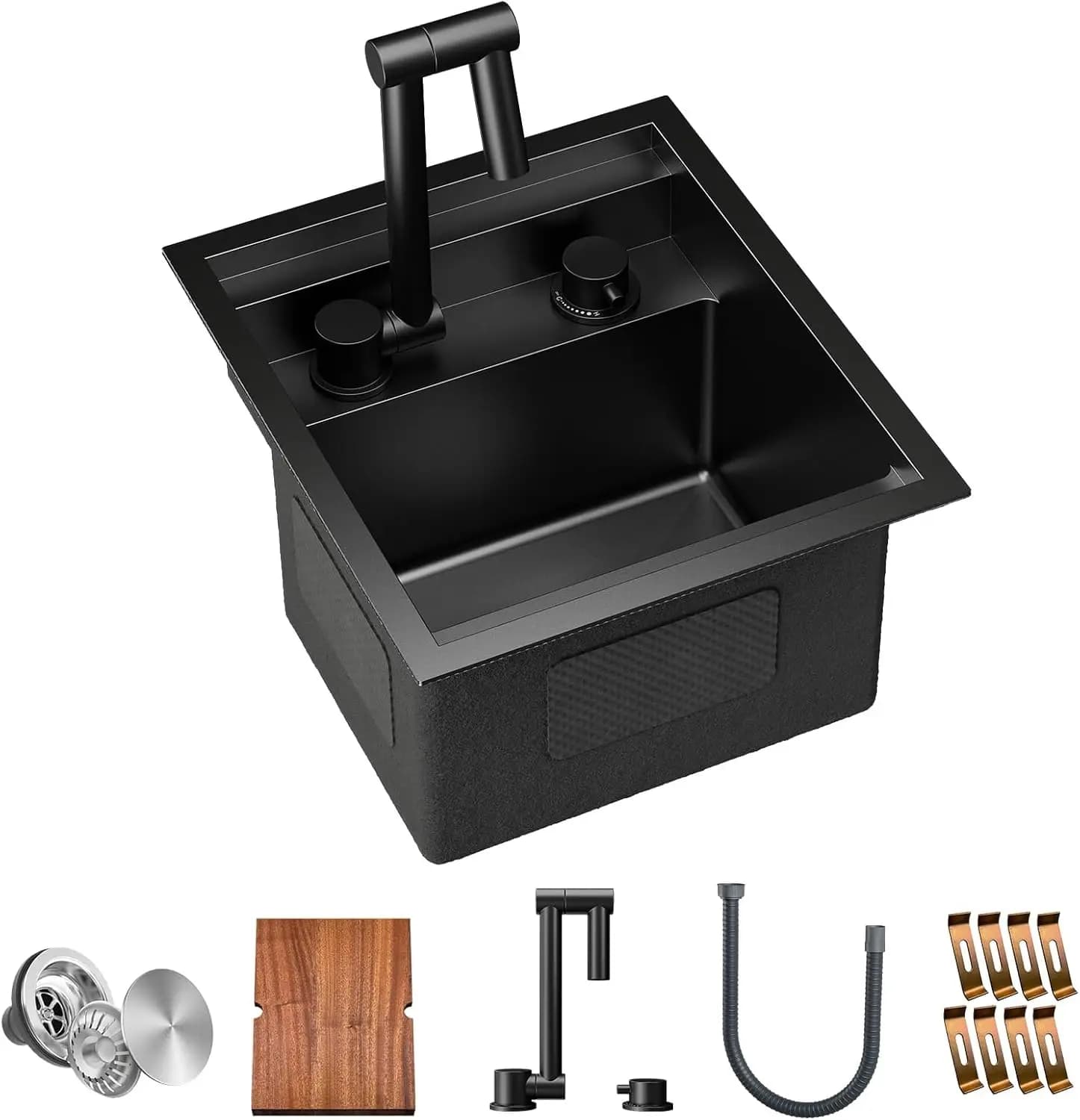 Bar sink Underfloor 13x15x9 Inch, Premium Stainless Steel Single Bath with Faucet and Tagliere, Dark Grey