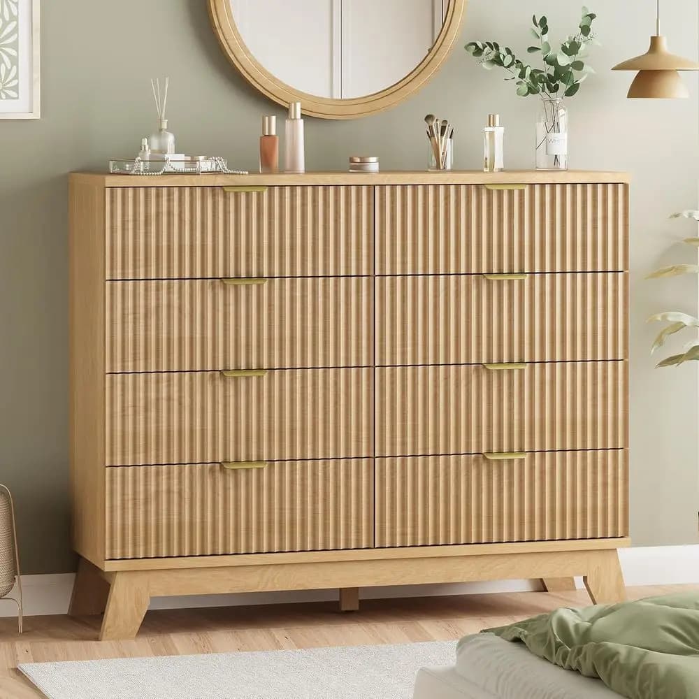 Cassettiera a 8 cassetti da camera da letto, larga 48 pollici, con maniglie in metallo, mobile TV in legno di quercia naturale e organizer per armadio, per soggiorno, corridoio