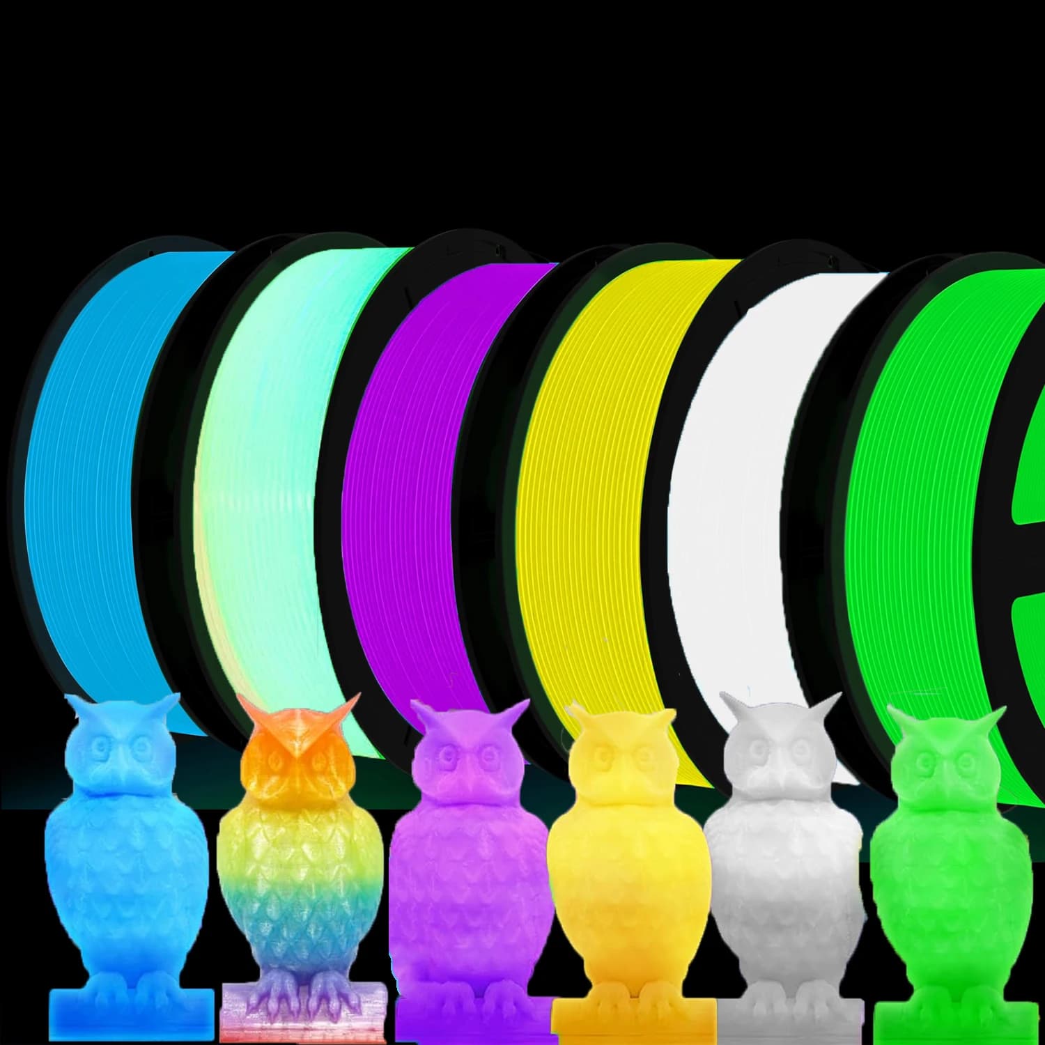 Fluorescent 3D Printer Filament, 1.75mm, 250G*6, Purple, White, Yellow, Green, Blue, Rainbow