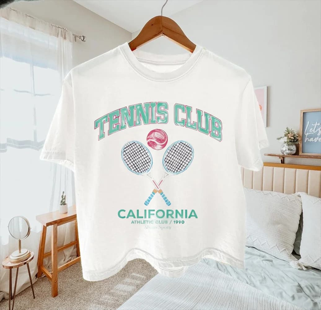 California Tennis Club Print Racket O-Woman Top White Sweet Short Sleeve Travel Cartoon Summer Style Pretty fashionable T-shirt