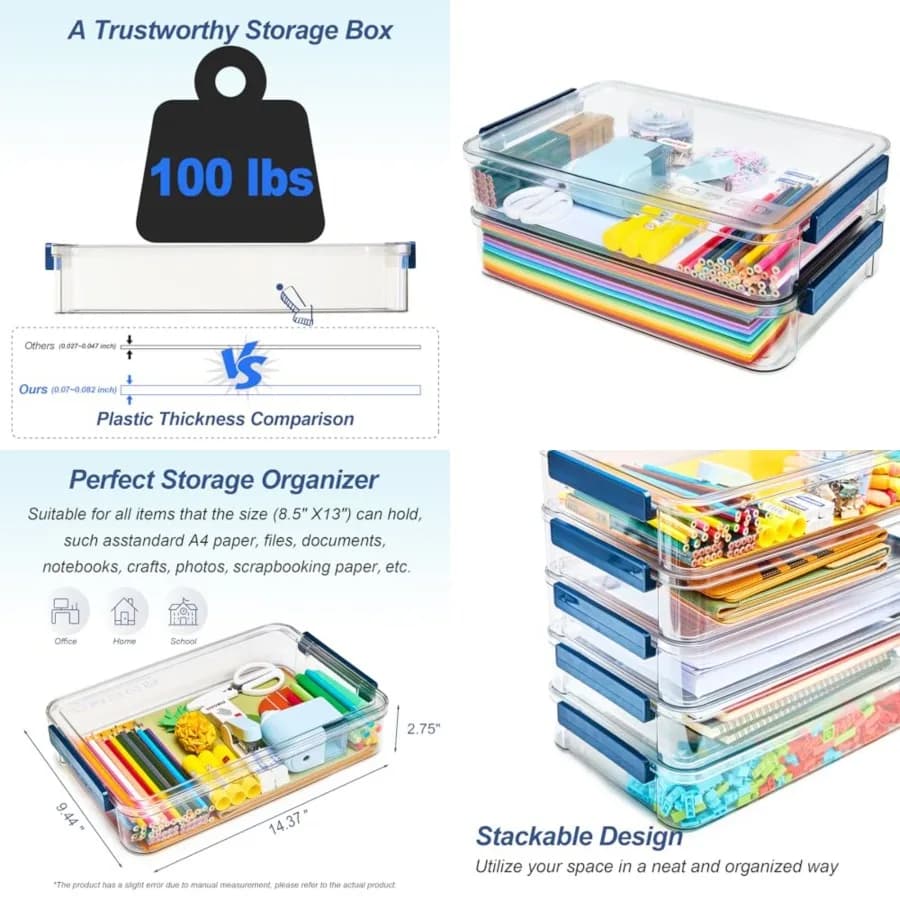 2-Pack 9x13 Clear Plastic Project Case Stackable Storage Box 5.5Qt container with snap-tight latch, organizer for A4 files, pho