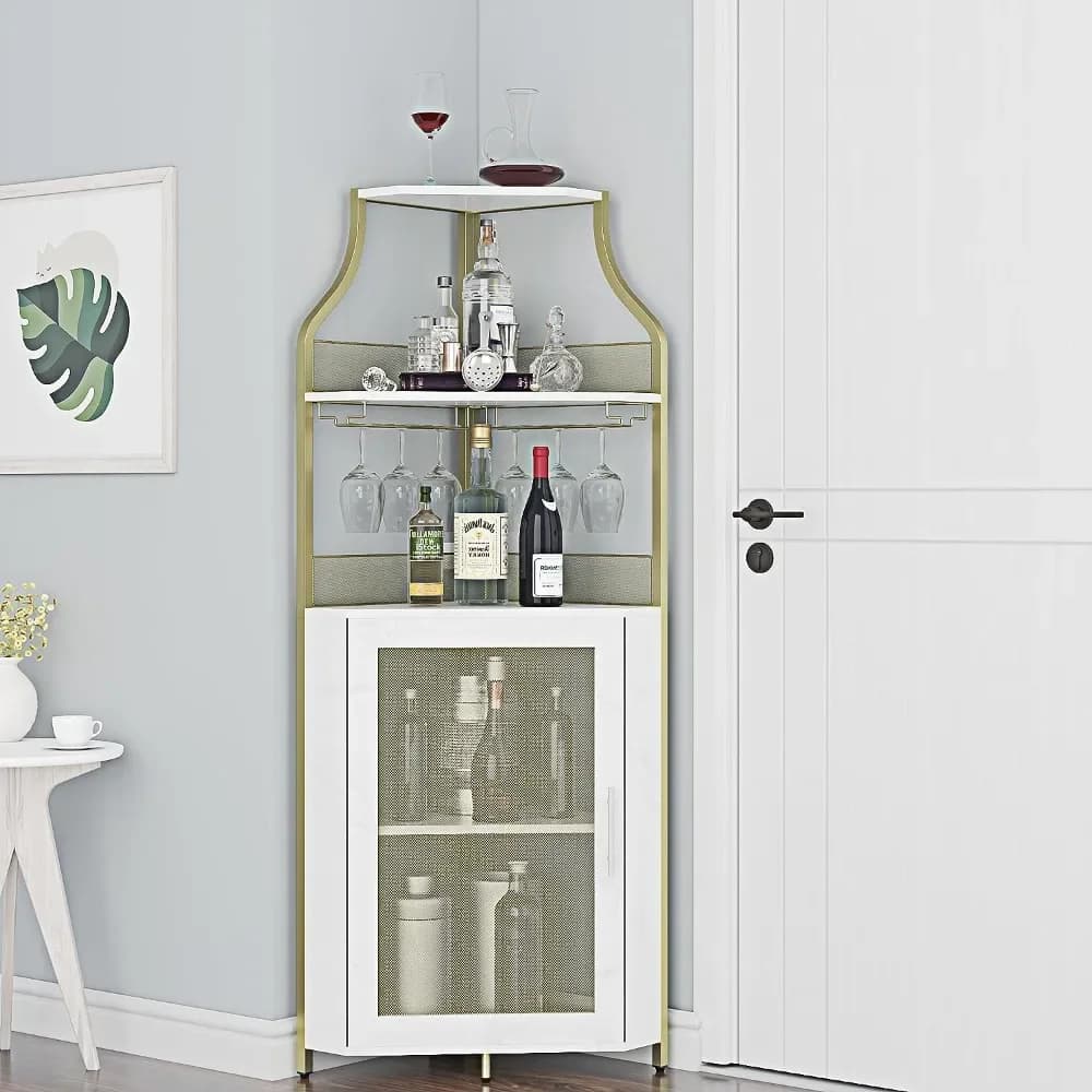 Armadietto ad angolo per vino con portabottiglie rimovibile, armadietto e armadietto per bicchieri da vino con portabottiglie e porta in rete