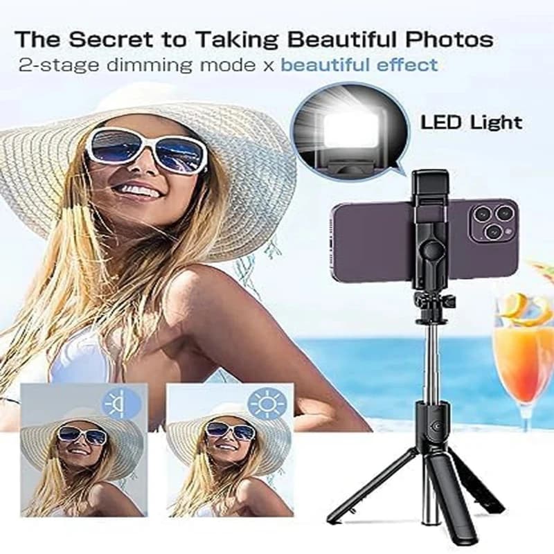 Asta Selfie Bluetooth Wireless con Treppiede e Luce, Telecomando Estensibile per iPhone e Telefoni Cellulari