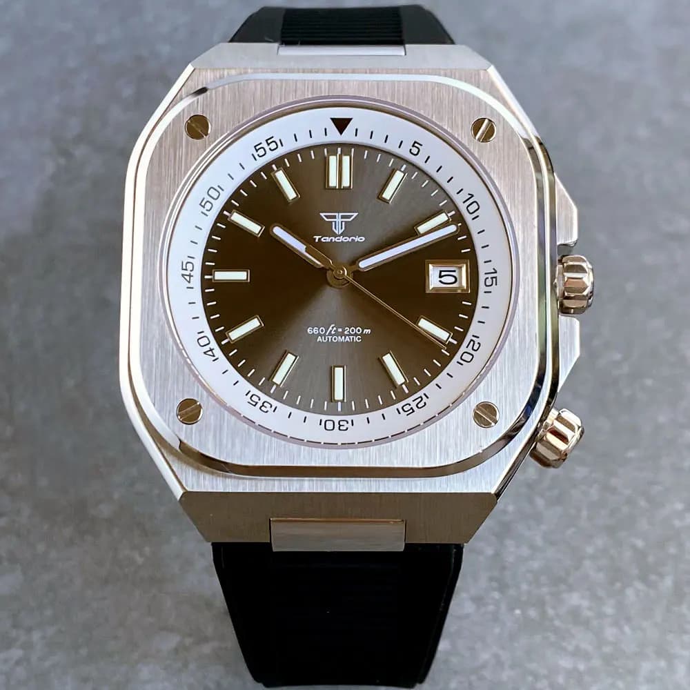 Tandorio 42mm Lume Sunburst quadrante quadrato in acciaio inossidabile NH35 orologio automatico da uomo vetro zaffiro capitolo anello posteriore in vetro
