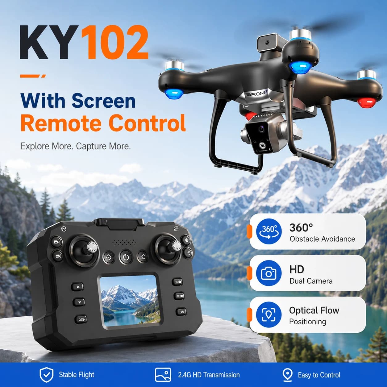 ZNLYRION KY102 Brushless Drone With Screen Remote 360 Obstacle Avoidance HD Dual Camera Optical Flow Hover Color LED Light RC Aerial Quadcopter