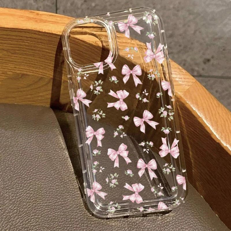 Pink Bow Transparent Airbag Phone Case For iPhone 17 16 15 Pro Max 14 13 12 11 XS X XR 7 8 Plus 16E 17 Air Shockproof Soft Cover