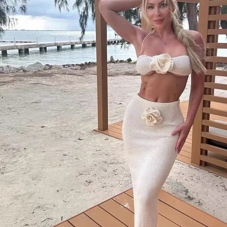 High Waist Knitted Hollow out Flower Tube Top Skirt Set Sexy Beach Vacation Outfit for Young Women Summer Fashion Ensemble