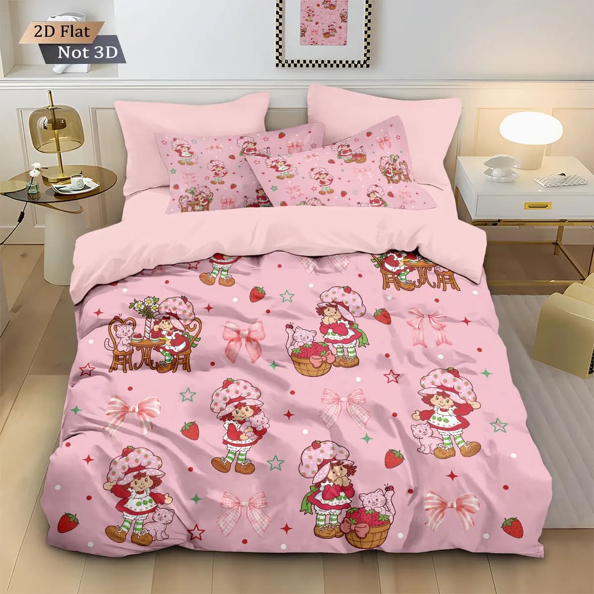 Set Cover Printed with Pink Strawberries, 3 Pieces, Bedroom Decoration, Washable in Washing Machine, Available in Various Measures