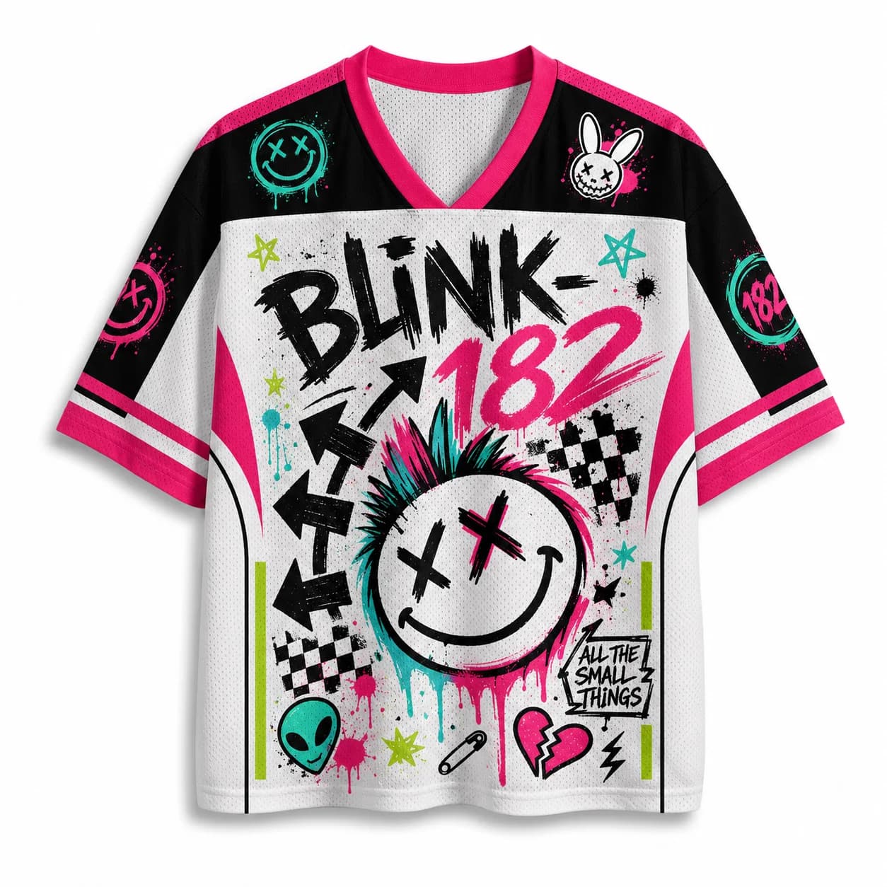 Y2K Pop Punk Graffiti Football Jersey, V Neck Short Sleeve Streetwear Top, Neon Splatter Print Music Festival Outfit
