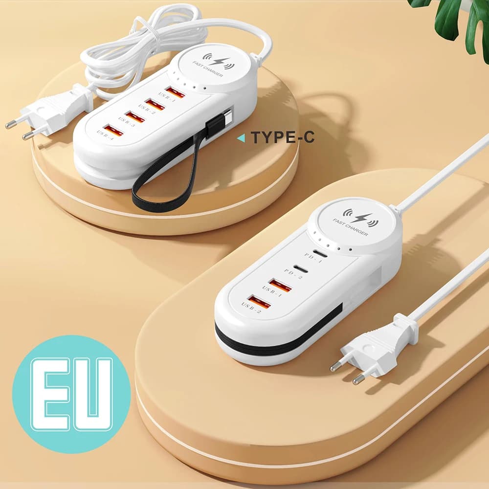 USB C Charger 4-Port 2PD 2USB Fast Charging Station with LED Display for iPhone Samsung Xiaomi EU/US/UK Plug Wall Adapter