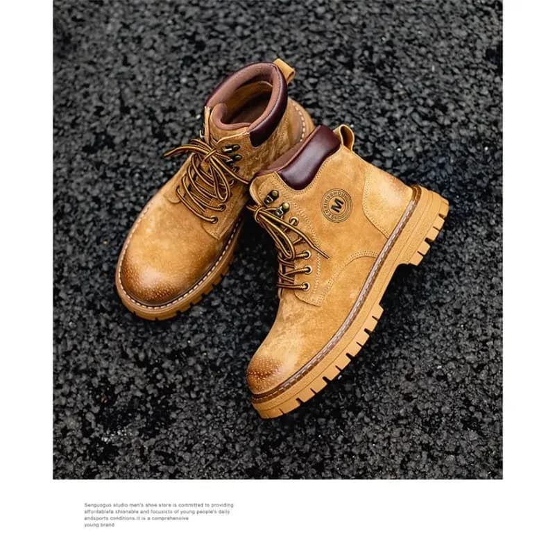 Men's high boots outdoor work shoes four seasons unslip yellow boots and comfortable fashionable British casual leather boots