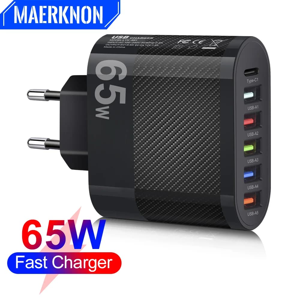 Totale 65W Muti 6 porte USB Caricatore rapido per telefono Ricarica rapida QC 3.0 Tipo C Adattatore da parete per telefono cellulare per iPhone16 Samsung Xiaomi