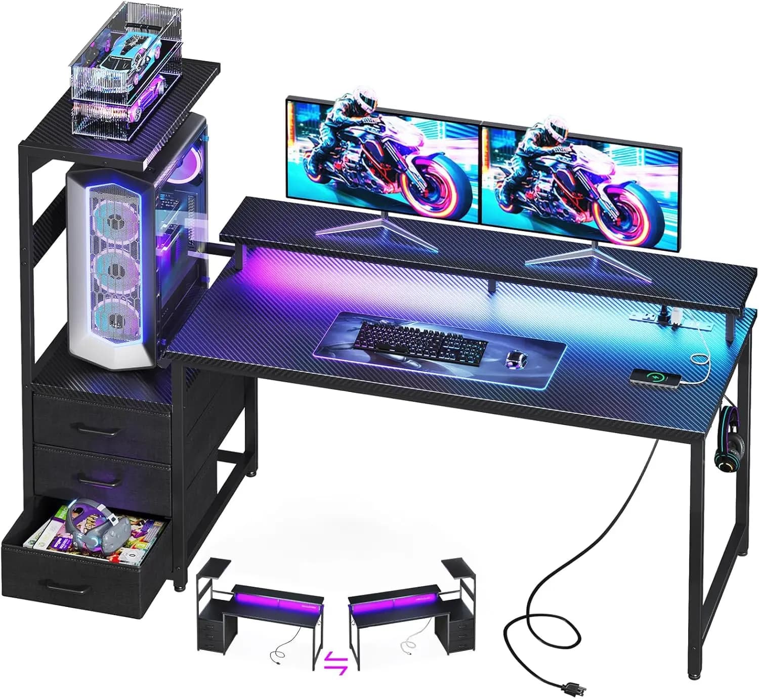 59-inch Gaming Desk with USB Doors, LED Lights, Reversible Design, 3 Drawers, Monitor and CPU Supports - Modern Office Desk in Black