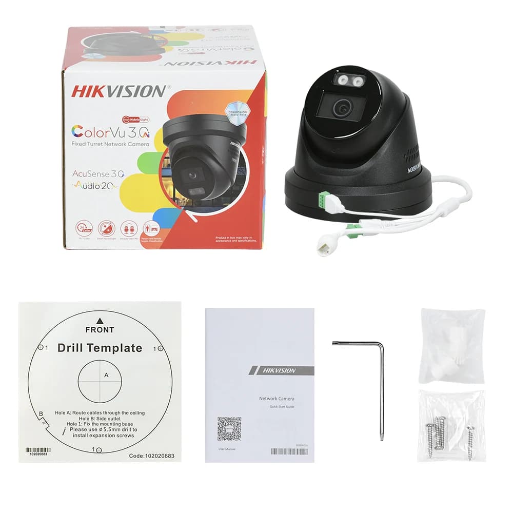Black Hikvision 4K 8MP ColorVu IP Camera G3 Smart Hybrid Light Two-Way Audio Red Blue Strobe Alarm PoE Outdoor IR 30m IP67 CCTV