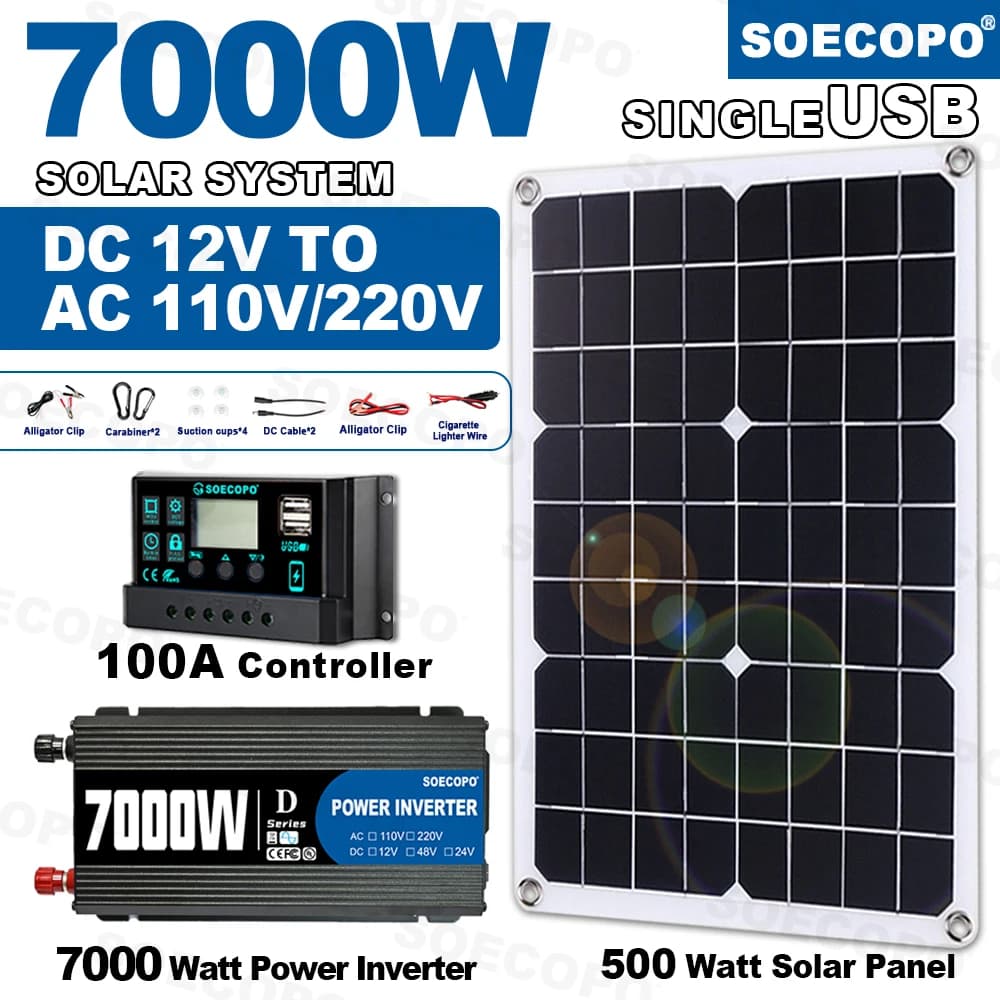 SOECOPO 7000W Kit sistema solare (DC 12V a AC 110V220V) Convertitore 500W Pannello solare 100A Controller Capannone/Illuminazione/Campeggio/Casa