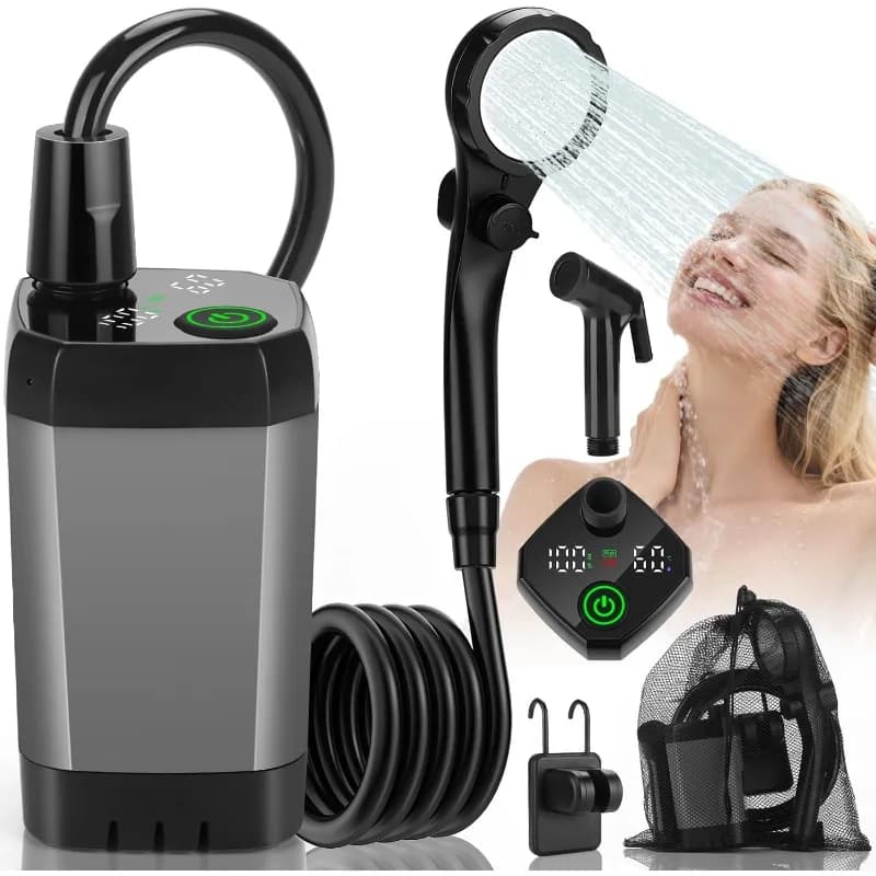 Pompa Doccia Portatile da Campeggio Vignuto Ricaricabile con LED, Display Temperatura, Kit Doccia Esterno con Tubo, Ugello, Gancio e Ventose