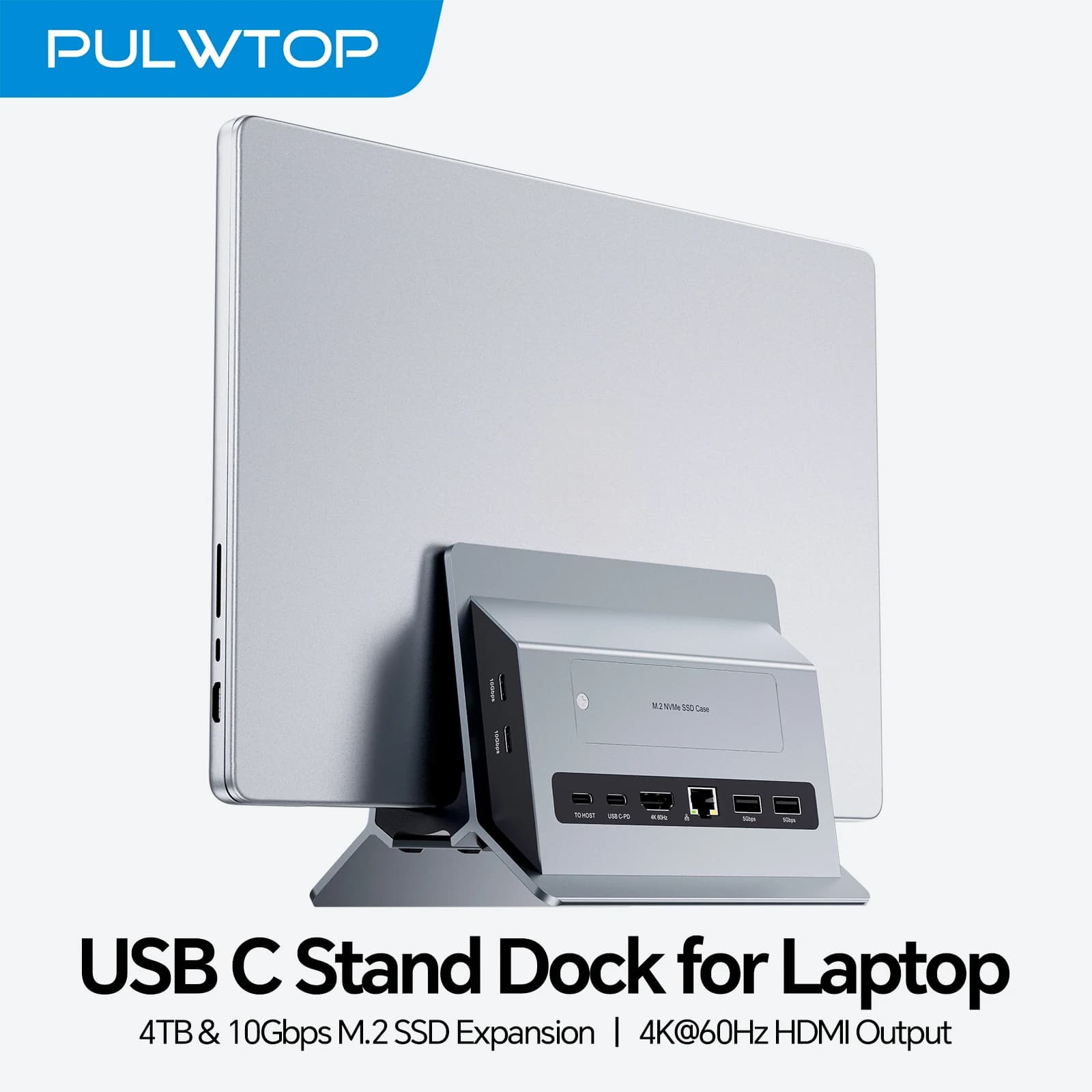 Docking station USB C verticale PULWTOP con custodia SSD M.2 NVMe, HDMI, USB A/C, RJ45, SD/TF, PD per laptop MacBook Pro/Air, Type-C