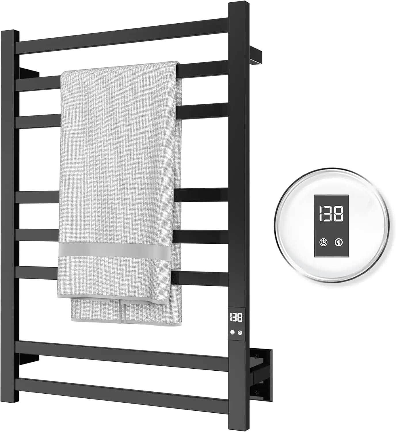 Scaldasalviette Elettrico a 8 Barre, Riscaldamento Rapido con Timer di Spegnimento Automatico, Finitura Nero Opaco, Scaldasalviette da Parete per Spa