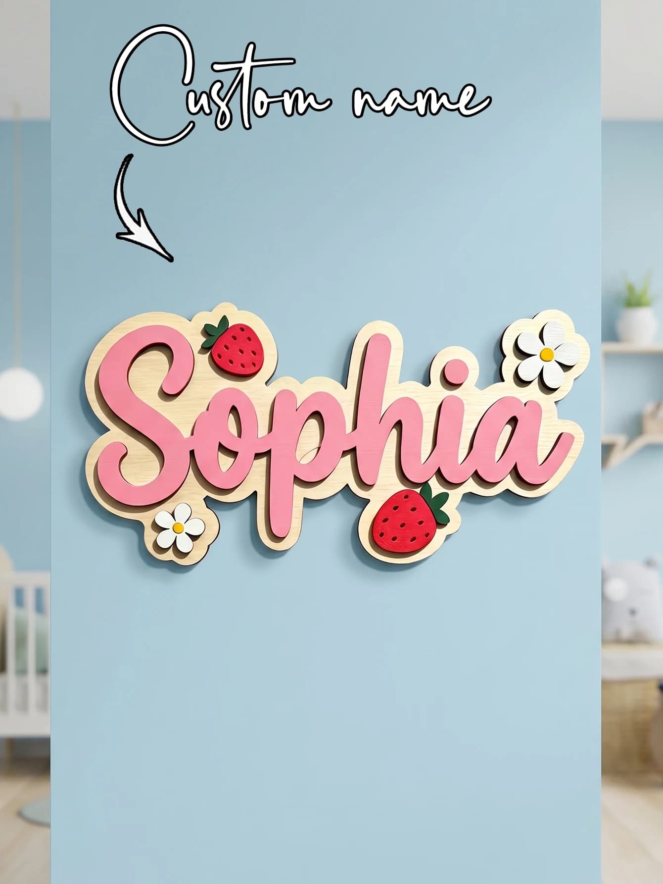 Custom Name Strawberry Daisy Wooden Name Sign Personalized 3D Baby Name Wall Hanging Plaque Nursery Decor Sign Custom Kid Name