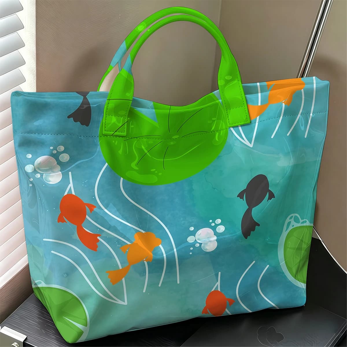 Pond Fish Hot Sale Large Glossy PVC Tote Bag Hand Washable Waterproof Great for Travel Commute Makeup Storage Handbags