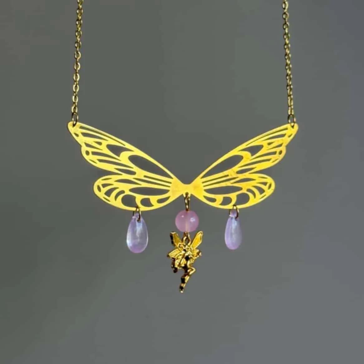 Fairy Wings Necklace,Bohemian jewelry,light purple water drop,butterfly,brass,gift,carved wings,Mystery,magic,Choker For Women