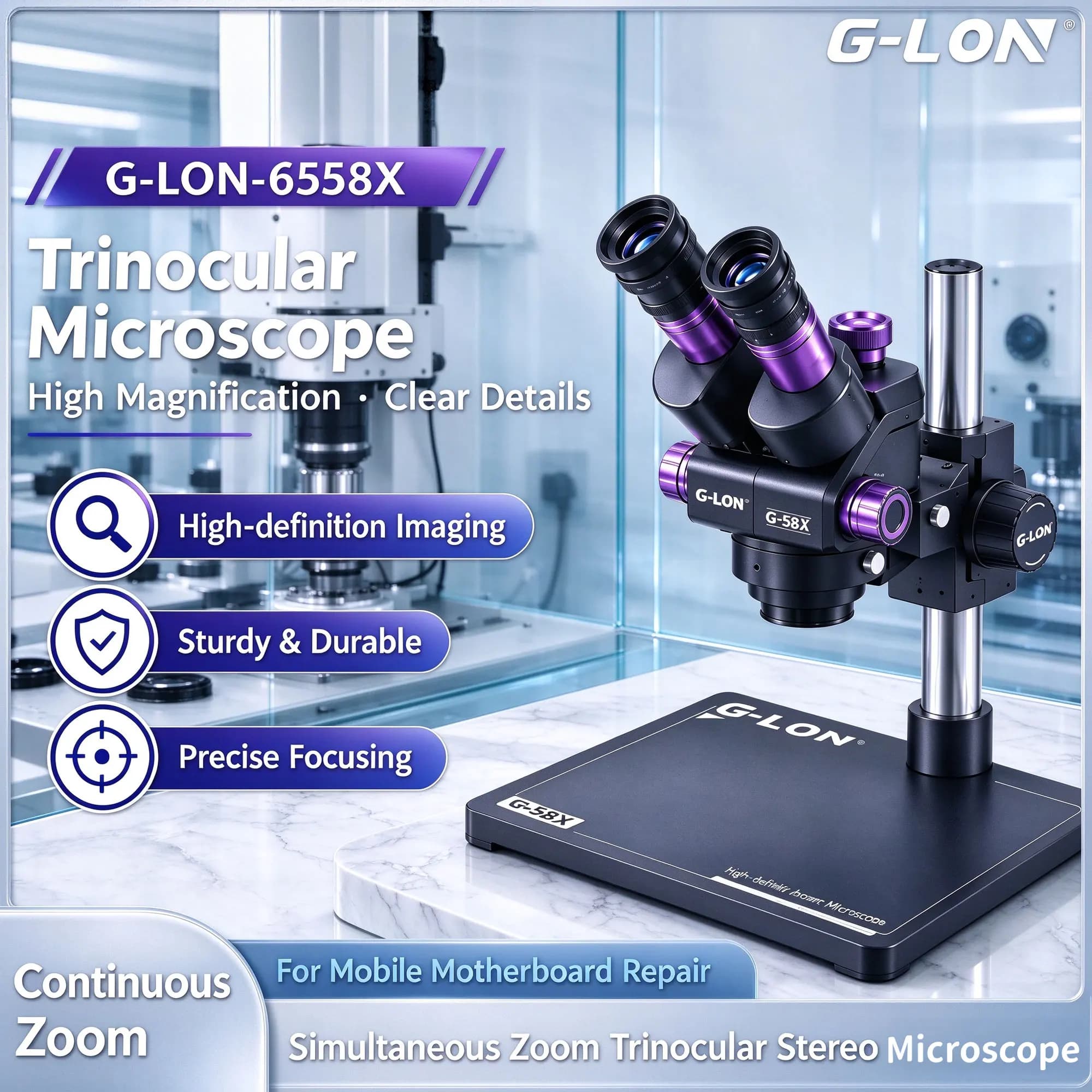 G-LON 6558X synchronous zoom three eye stereo microscope 6.5-58X, mobile phone PCB board welding and flying wire maintenance