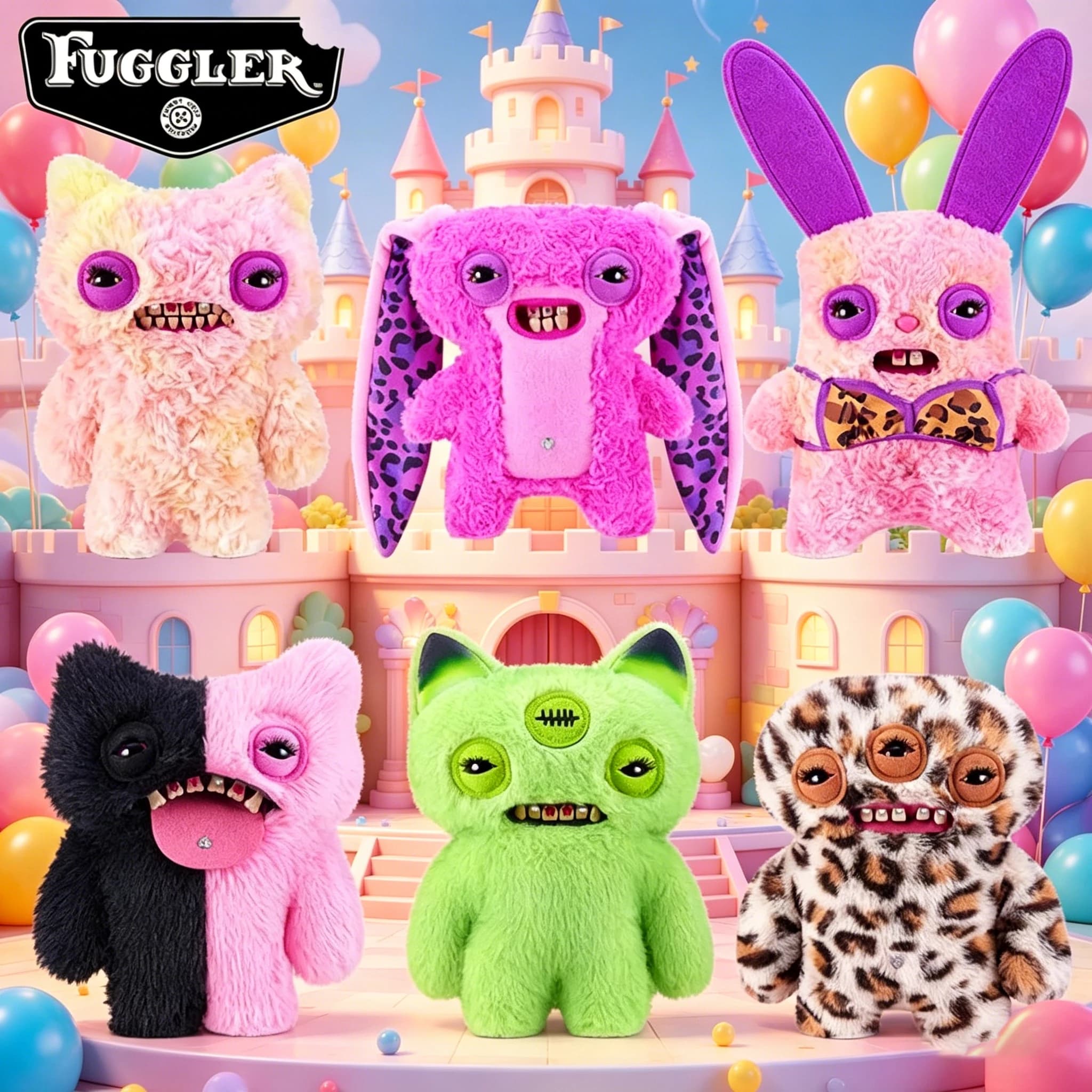 Peluche Originale Fuggler Baddies, Coniglio Divertente, Mostro Brutto, Gatto con Stampa Leopardata e Orecchie Lunghe, Giocattolo Trendy da Collezione, Regalo per Bambini