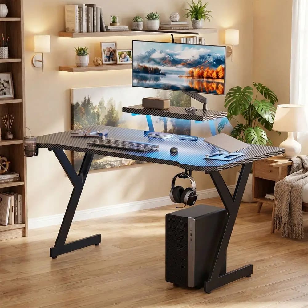 Ergonomic Computer Desk With Monitor Stands, Gaming Desk With LED Lights Carbon Fibre Surface, Ergonomic Home Office Desks Y Sh