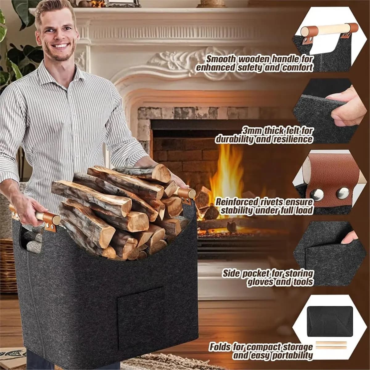 ABDD HOT 2pcs Felt Baskets 67L & 96L Extra Large Firewood Bag Wooden Handles Sturdy Folding Log Holder for Fireplace Laundry To