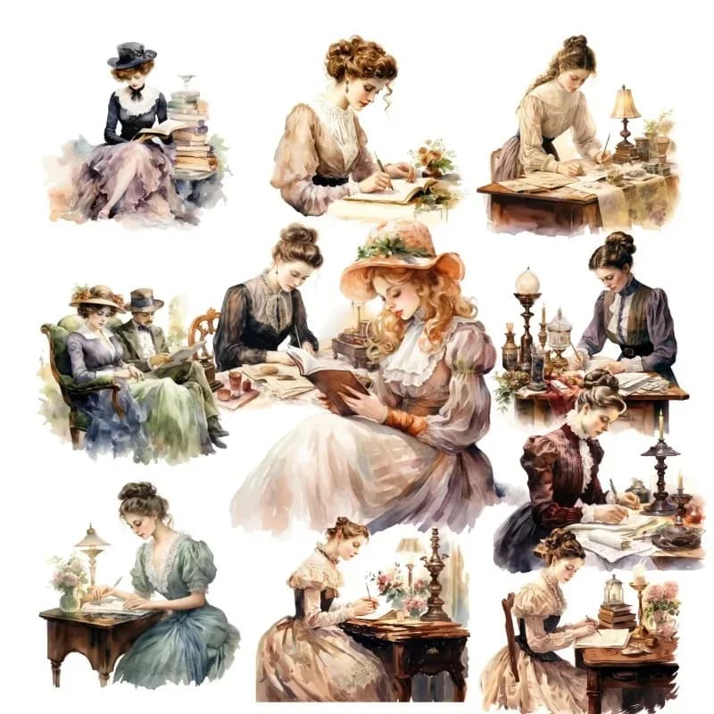 Sen retro Victorian woman che legge e scrive adesivi per Account a mano Cute Phone Tablet Ins Wind Decoration Stationery
