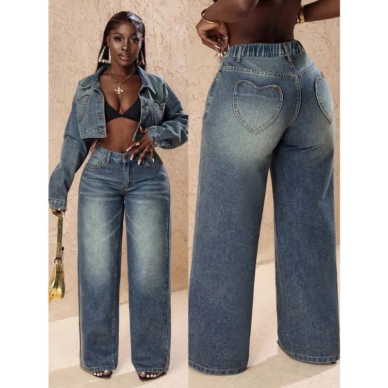 2026 Women Plus Size Casual Washed Slant Pocket Heart Pocket Straight Leg Jeans/Winter