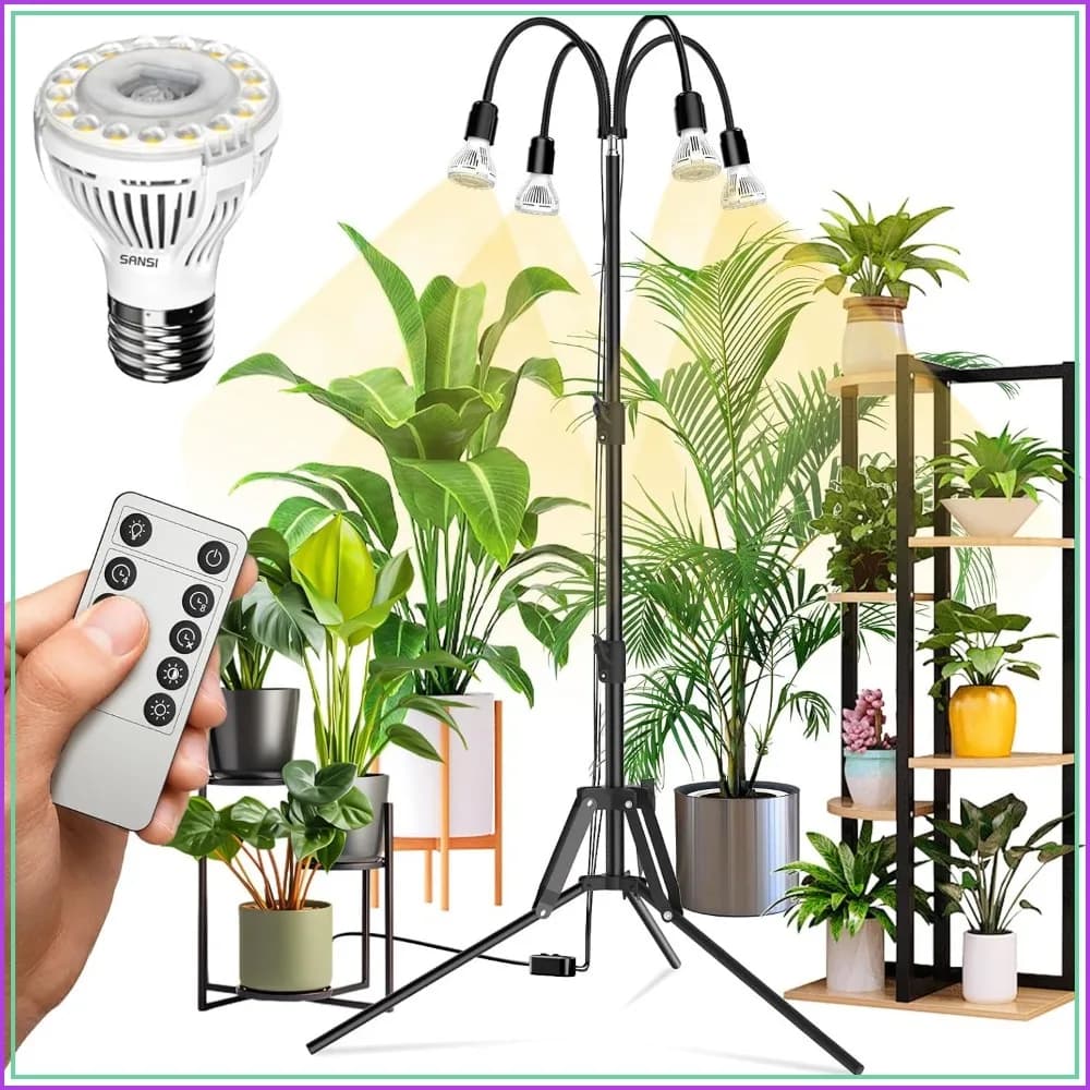 4 Head Dimmable Grow Lights for Indoor Plants, 35"-64" Adjustable Tripod LED Grow Light with Remote Control Auto On/Off Timer, 4 Pack of 10W Full Spectrum Bulbs