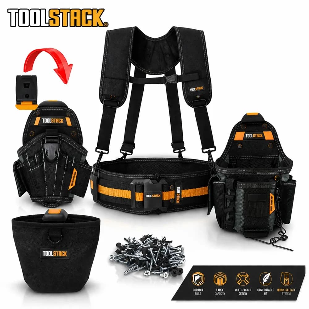 TOOLSTACK Set di 5 Cinture Porta Attrezzi con Bretelle, Borsa Multi-Tasca, Cintura Resistente, Kit Utensili per Carpentieri, per Lavoro e Fai-da-Te