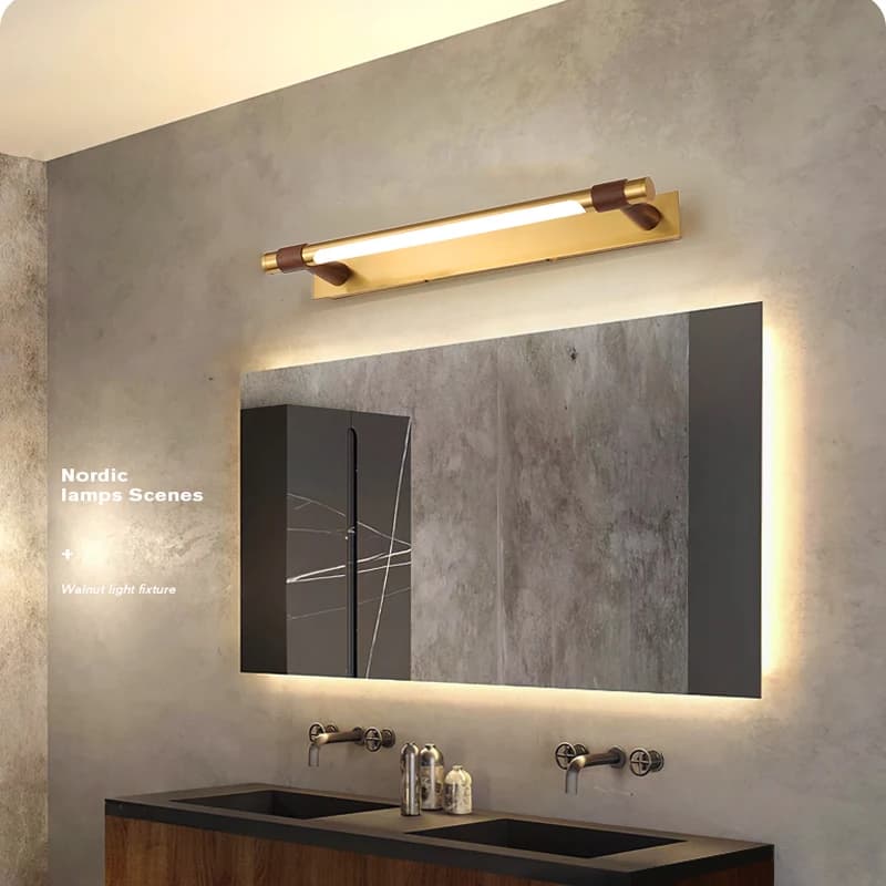Lampada da toeletta moderna in rame lunga per lavabo per interni, decorazione per specchio, luce frontale a LED, lampada da parete per WC, bagno, WC