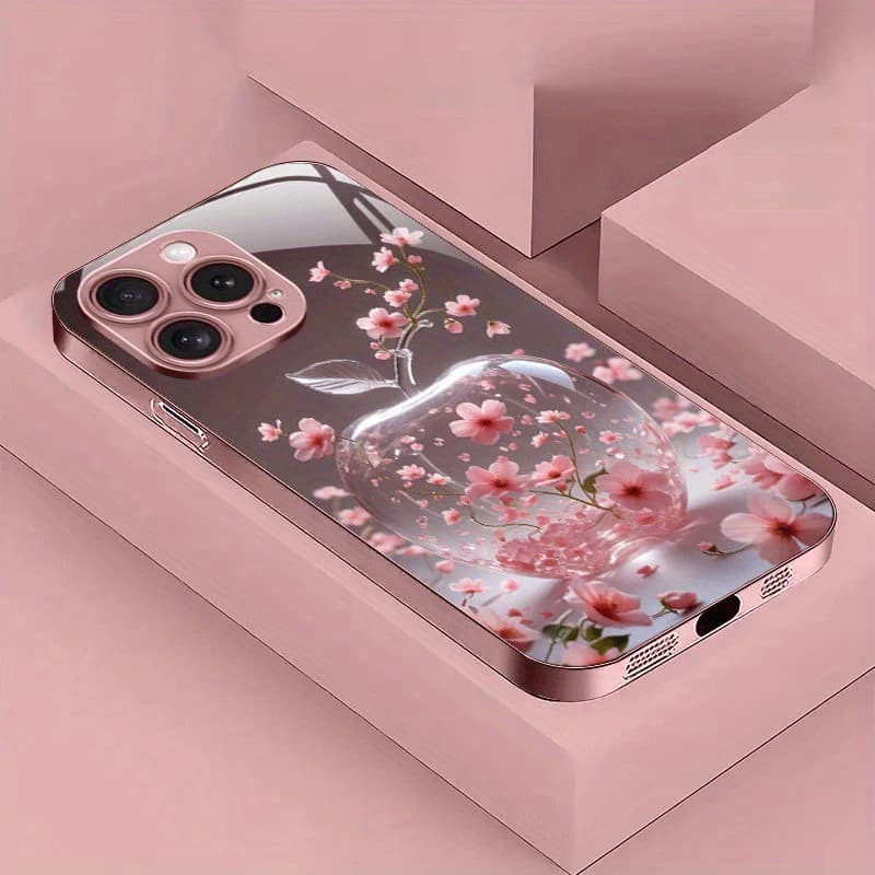 Cherry blossom for Apple Model Tempered glass case with pink metallic paint for iPhone 17 16 15 14 13 12 Pro Max Plus 16E 17Air Cover