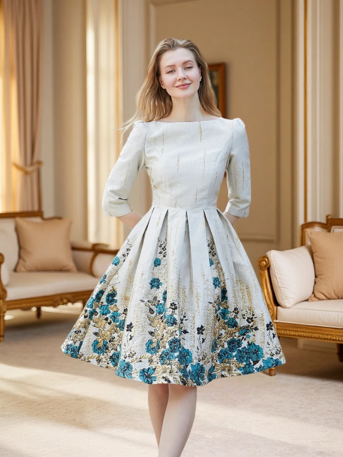 French-style retro light beige mid-length blue and gold floral maxi dress with a large skirt