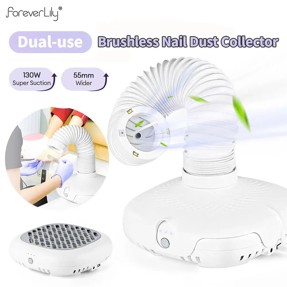 130W Double Use Brushless Nail Polish Collector Powder Extractor for Potential Nail Art Manicure Vacuum Cleaner with LED Tube