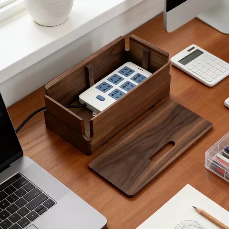 Scatola Organizer in Legno Massello di Noce Nero, Contenitore per Multipresa, Scatola per Gestione Cavi da Scrivania, Nascondiglio per Cavi per Casa e Ufficio