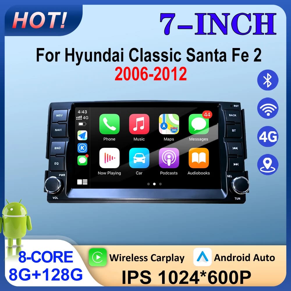 8 Core 4G For Hyundai Classic Santa Fe 2 2006-2012 Android 16 Car Video Multimedia Player Carplay DSP Stereo GPS Navigation