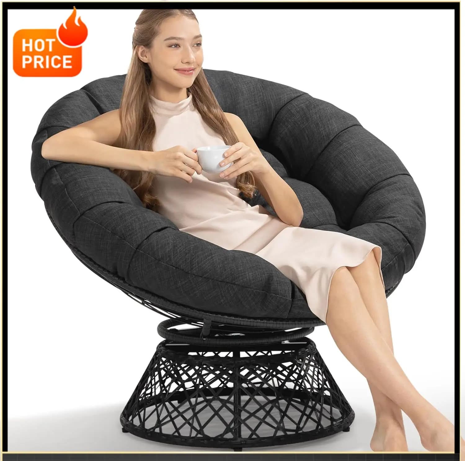 Bestseller Sedia Papasan Ergonomica in Vimini da 40 Pollici con Cuscino Morbido e Spesso e Struttura, Rotazione a 360° ° Poltrona Girevole Circolare Comoda per Lettura, Ideale per Livi