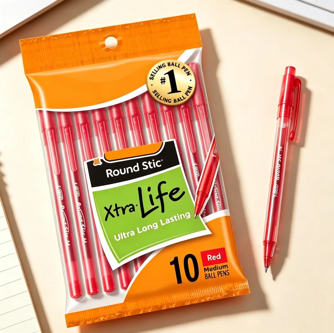 10 Pack Red Xtra Long Lasting Ballpoint Pens, 1.0mm Medium Point Smooth Red Ink Disposable Pens, Back to School Stationery for Teachers & Students