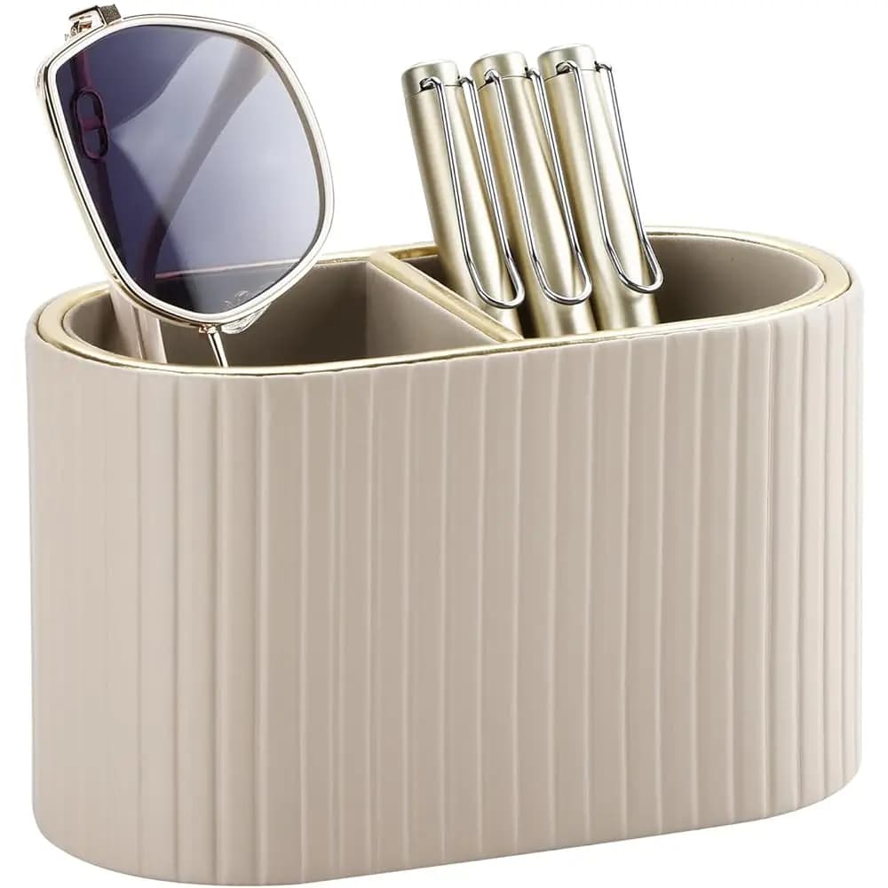 Organizer da Scrivania in Pelle PU - Portapenne a Doppio Scomparto, Elegante Porta Telecomando, Accessori e Forniture per Ufficio