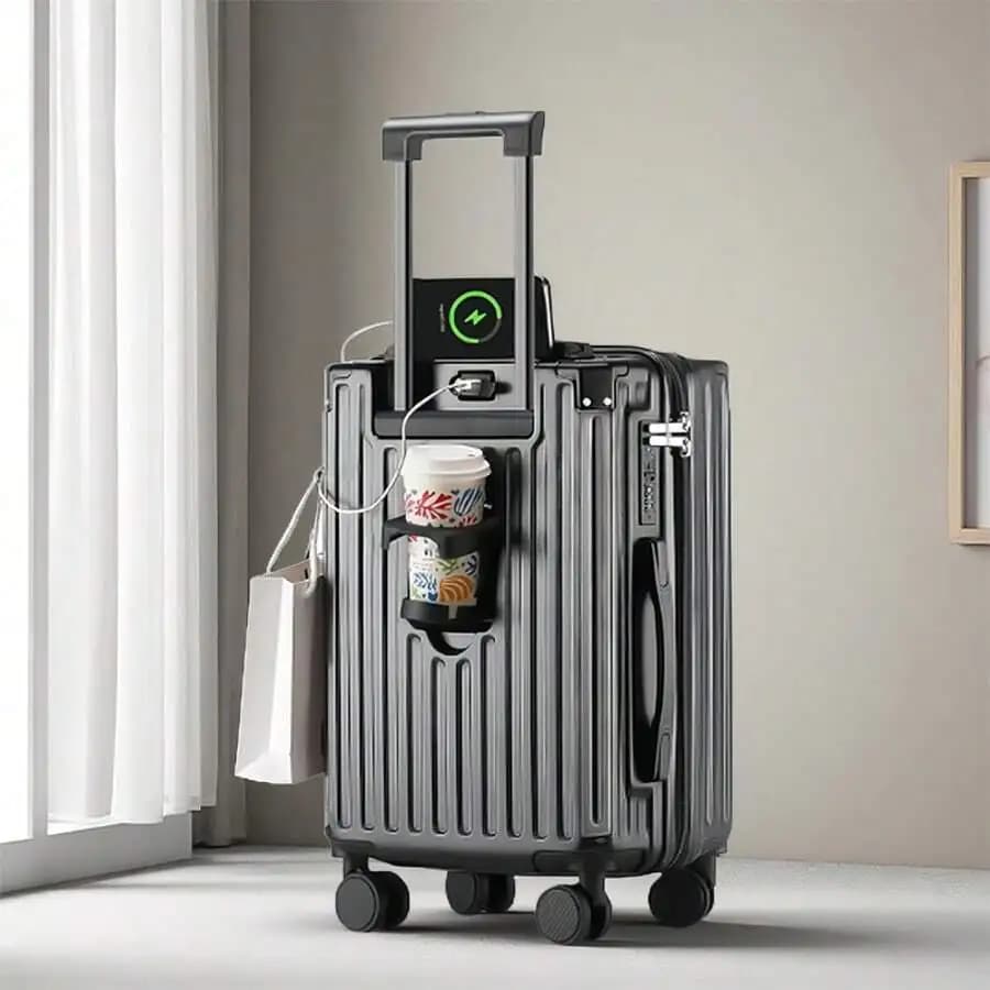 20 Inch Carry On Luggage With Cup Holder & USB Port, Airline Approved TSA-Locked Luggage, Lightweight PC Material Travel Suitcase With 360° Spinner Wheel Luggage Case Trolley Suitcase Spinner Suitcase Travel Luggage Hardshell Suitcase Suitcase