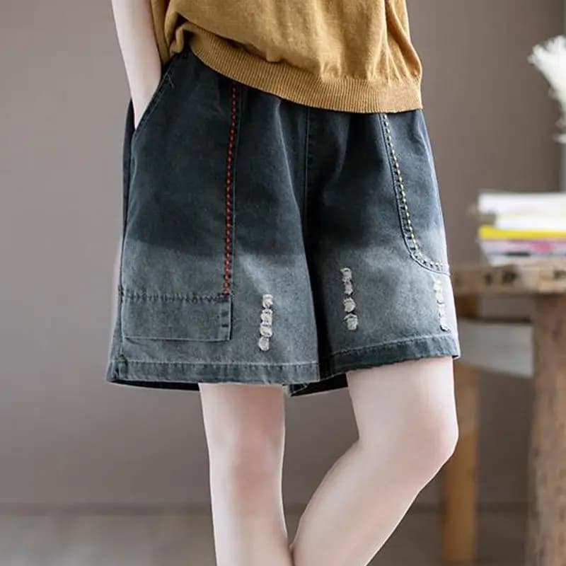 Pantaloncini Estivi da Donna a Vita Alta, Gamba Larga, Taglio Dritto, Stile Harem, Sottili, Vintage, Lavati, con Elastico in Vita