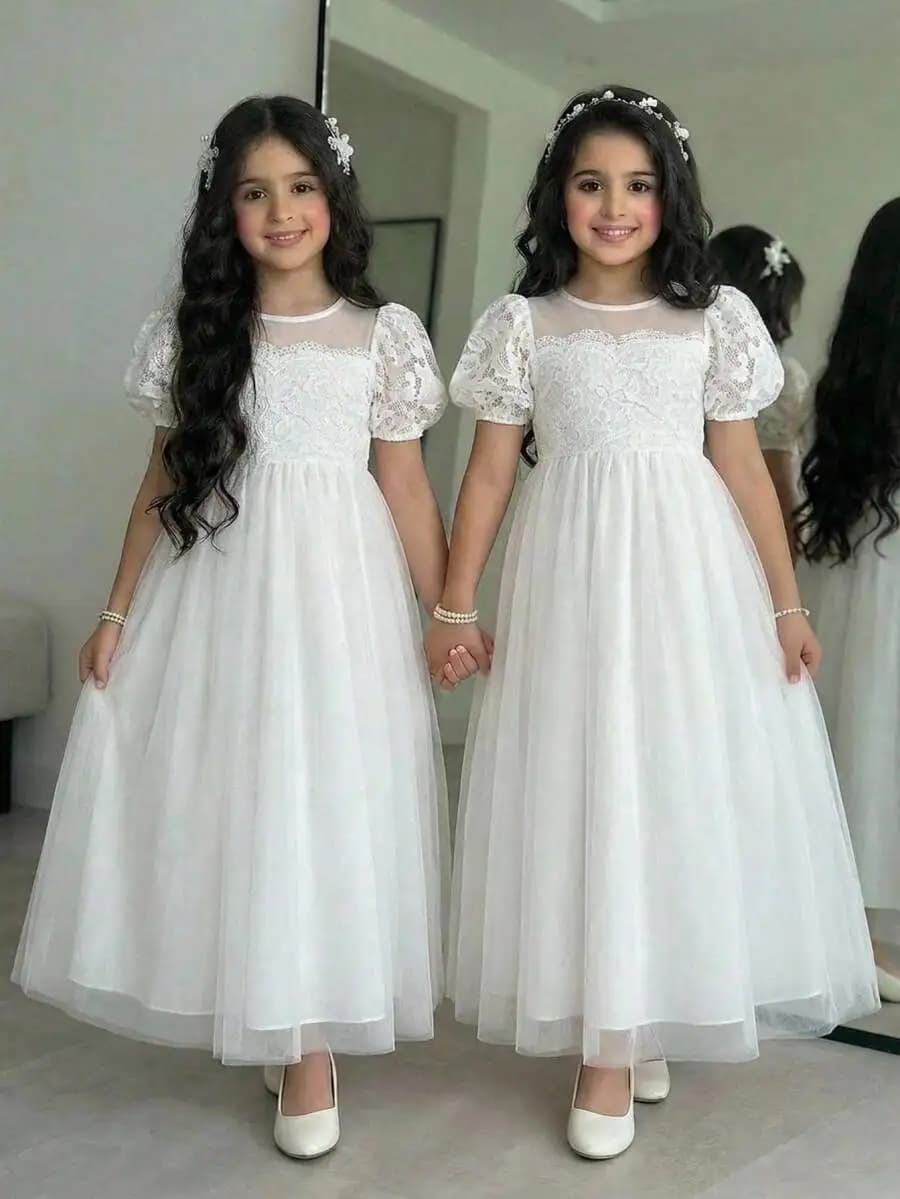 Elegant Round Neck Petal Sleeve Lace Mesh Patchwork Princess Dress For Women