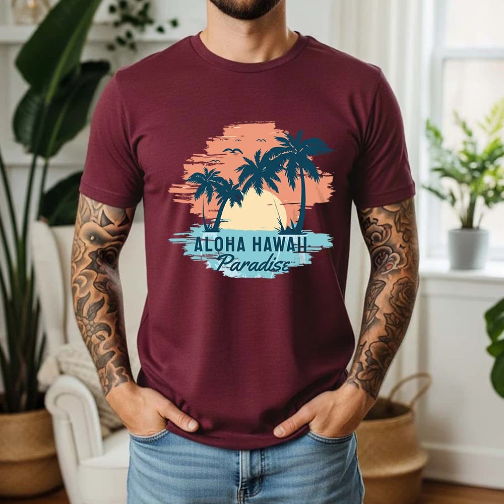 New Summer Men's 100% Cotton T-Shirt Aloha Hawaii Sunset Beach Graphic Casual Breathable Short Sleeve