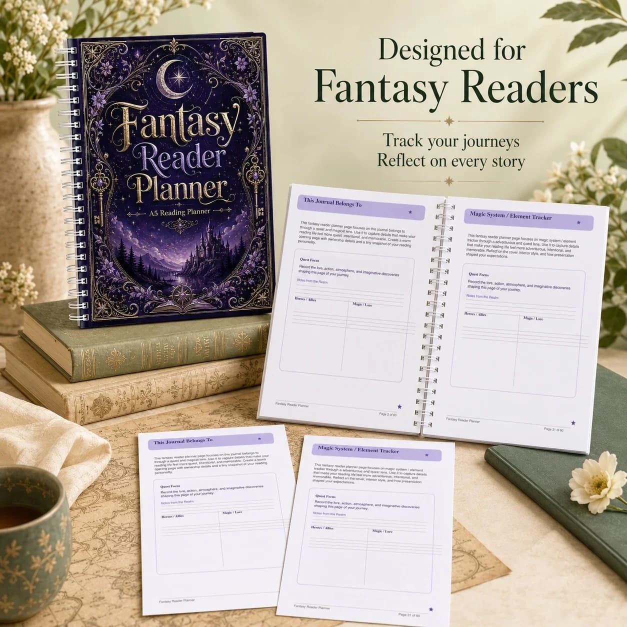 A5 Fantasy Book Journal Notebook and Reading Planner, Enchanted Reader Log for Tracking Reads, Book Reviews, Character Notes
