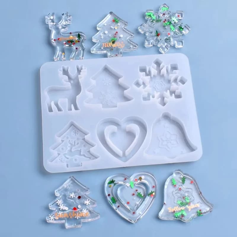 Stampo natalizio Stampo epossidico di cristallo in resina fai-da-te Fiocco di neve Ciondolo alce Portachiavi Elenco gioielli Set di stampi in silicone per resina